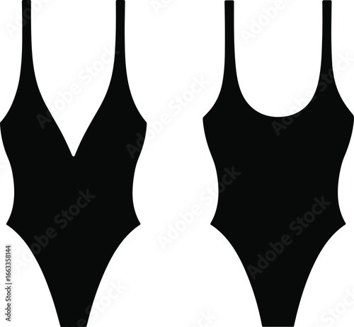 Black One-Piece Swimsuit – Classic Swimwear Design with Front and Back Views, Stylish Women’s Bathing Suit for Summer Beachwear CAD Drawing Flat Vector Illustration