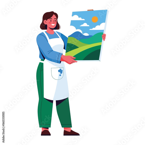 Artist with Artwork: A skilled artist proudly displays her landscape painting, showcasing creativity and passion.