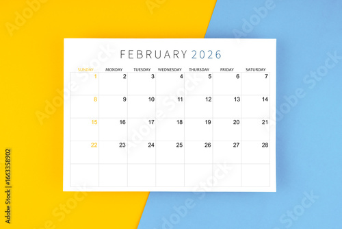 Wallpaper Mural February 2026 calendar page on yellow and blue color background. Torontodigital.ca