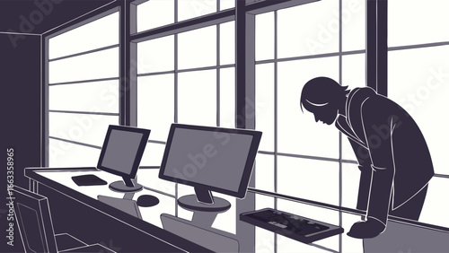 Businessperson Leaning Over Desk by Window in Office.