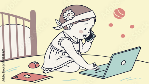 Cartoon Baby Girl Using Laptop and Phone in Crib.