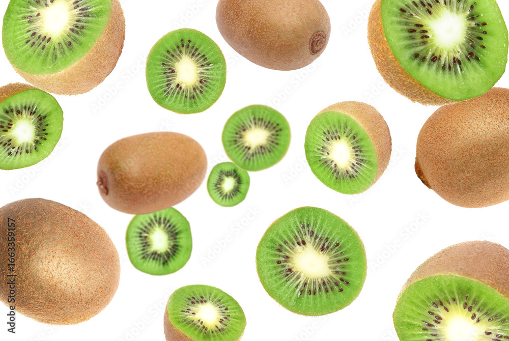 Fototapeta premium Tasty fresh kiwi fruits swirling in air against white background