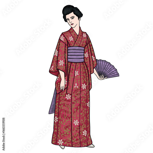 Japanese Woman in Kimono – Traditional Geisha Hand Drawn Illustration