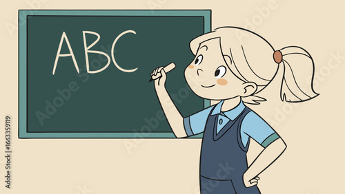 Cartoon Girl Writing ABC on Chalkboard in Classroom Setting 1.