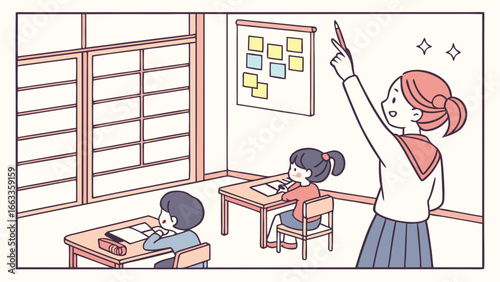 Cartoon Illustration of a Classroom Scene with Students and Teacher.