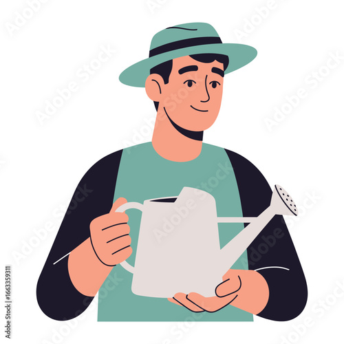 Gardener with Watering Can: A cheerful gardener, adorned with a hat, tenderly cradles a watering can, showcasing his dedication to nurturing the blossoming greenery.
