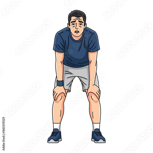 Exhausted Athlete Taking a Breather: A weary athlete, bathed in the aftermath of intense physical exertion, pauses to catch their breath, body bent, hands resting on their knees.