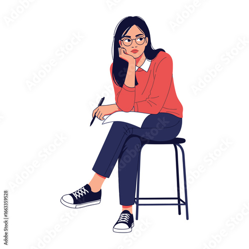 Contemplative Seated Woman: A thoughtful woman, perched on a stool, is absorbed in contemplation, sketching on a pad with a pen, showcasing a moment of focused thinking.