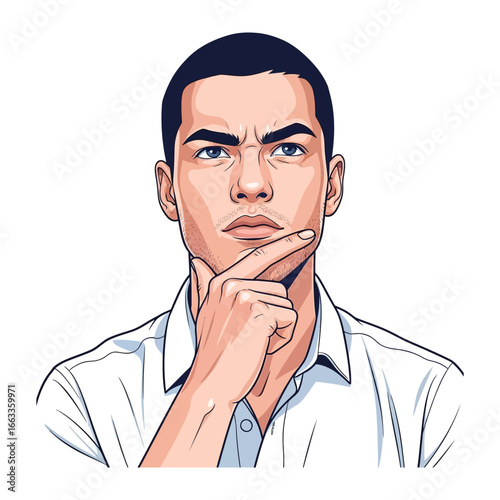 Contemplative Portrait: A portrait of a focused, thoughtful man, hand on chin, depicting a moment of deep contemplation in a striking illustration.