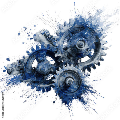 Abstract gears in motion,  blue metal