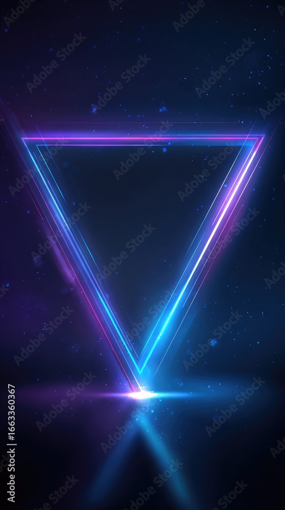 Obraz premium Glowing neon triangle, vibrant blue & purple hues, emitting light, dark background with subtle particle effects, reflective surface