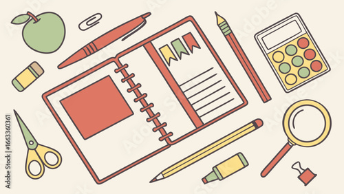 Colorful Illustrated Stationery and School Supplies Arrangement.