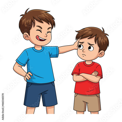 Sibling Dynamics: The playful dynamic between siblings comes to life with one brother teasing and the other with an annoyed expression. Illustrated with playful colours 