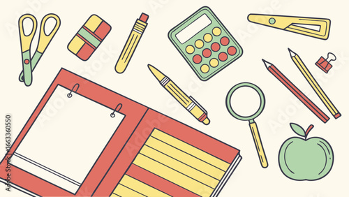 Colorful School Supplies Illustration with Notebook Calculator and Apple.