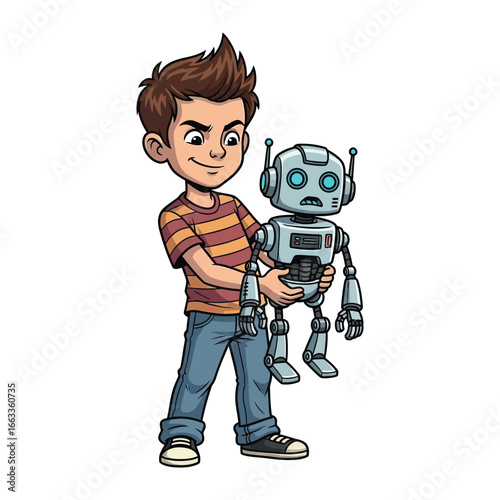 A boy and a robot: An illustration showcasing a young boy happily holding a robot, symbolizing the wonders of childhood imagination.