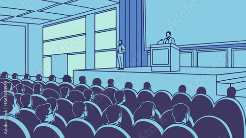 Conference Room with Speaker Audience and Presenter on Stage.