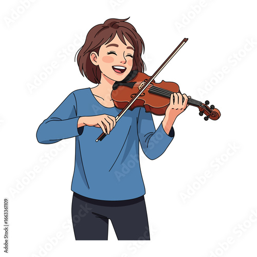 Melody of Joy: A cheerful artist plays a vibrant violin, her face illuminated with happiness and a melodic harmony