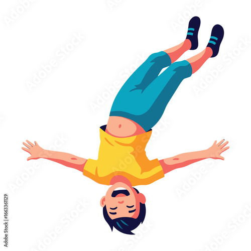 Joyful Leap: A lively illustration captures the sheer delight of a young person performing a playful somersault, arms spread wide in an expression of freedom.