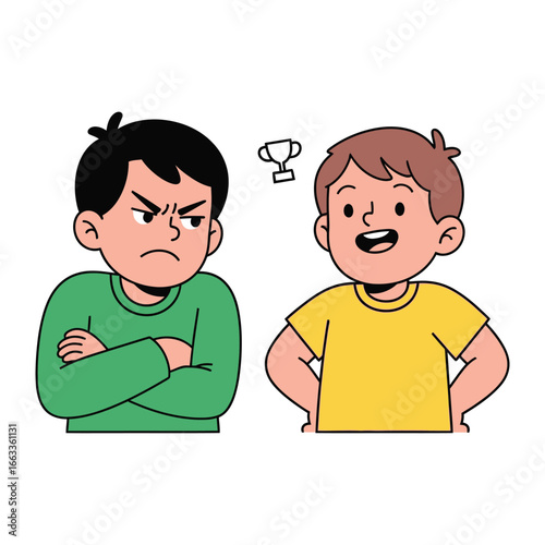 Envy's Gaze: A cartoon illustration depicts two young figures, one consumed by envy as they cast a jealous look towards the other person.