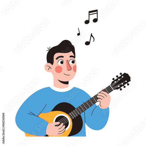 Guitarist's Serenade: An illustration of a cheerful individual playing the guitar, with musical notes suggesting a captivating melody.