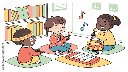 Diverse Children Playing Musical Instruments in a Classroom.