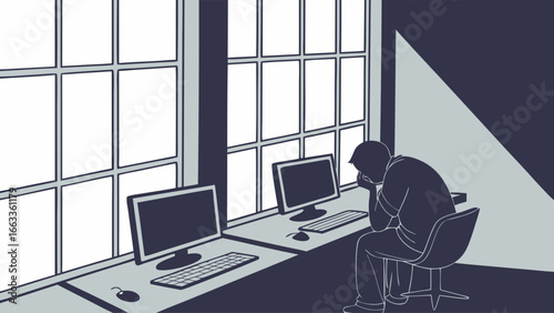 Depressed Person Sitting at a Computer Desk by a Window.
