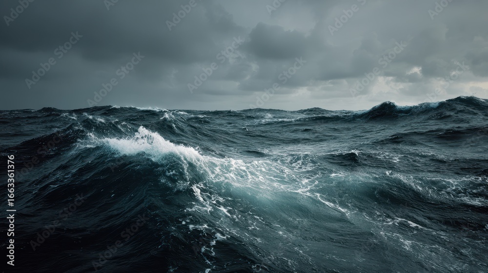 Fototapeta premium Choppy ocean waves beneath a stormy sky during late afternoon hours