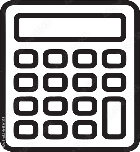 Simple calculator icon with number buttons, Black and white line illustration of a calculator with display screen and numeric buttons, symbolizing math, accounting, and financial calculations.

