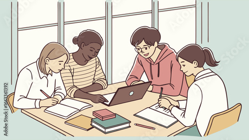 Diverse group of students collaborating on a project using laptop and notebooks.