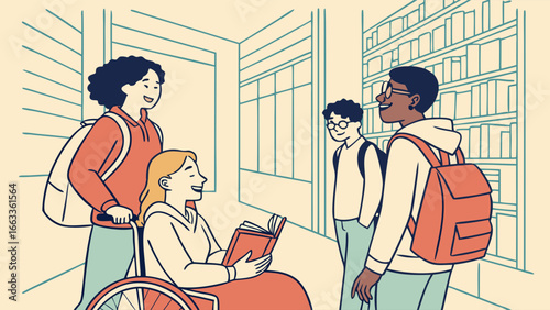 Diverse Students in a Library Reading Wheelchair and Backpacks.