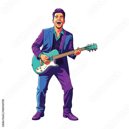 A Melodic Moment: A vibrant illustration showcasing a cheerful musician deeply immersed in their passion, strumming an electric guitar with joyful enthusiasm. 