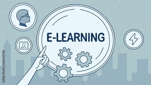ELearning Concept with Gears and Icons on a Cityscape Background.