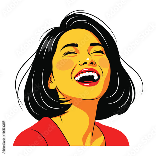 Joyful Illustration: A woman with a radiant smile exudes unbridled happiness in a vibrant illustration, perfect for adding a touch of positivity to any project.