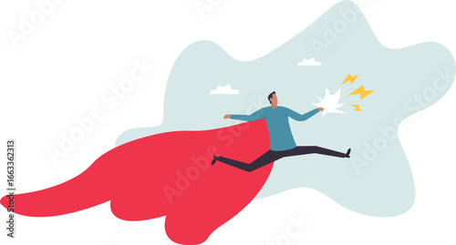 Superhero businessman with superpower to win business success, strength or power to control and finish work, confidence great responsibility,about a man and his life.