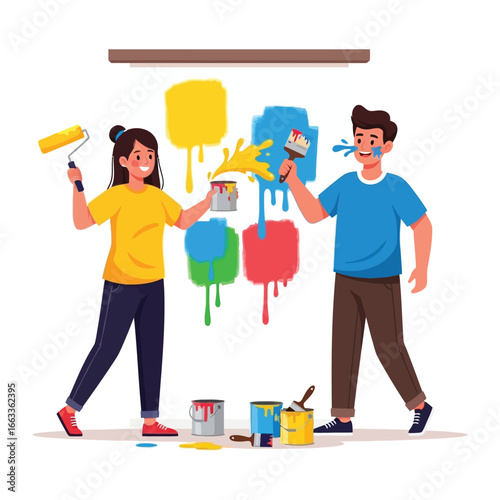 Colorful Collaboration: A cheerful pair works together, each wielding a paintbrush and roller to bring a vibrant palette of colors to a blank wall.