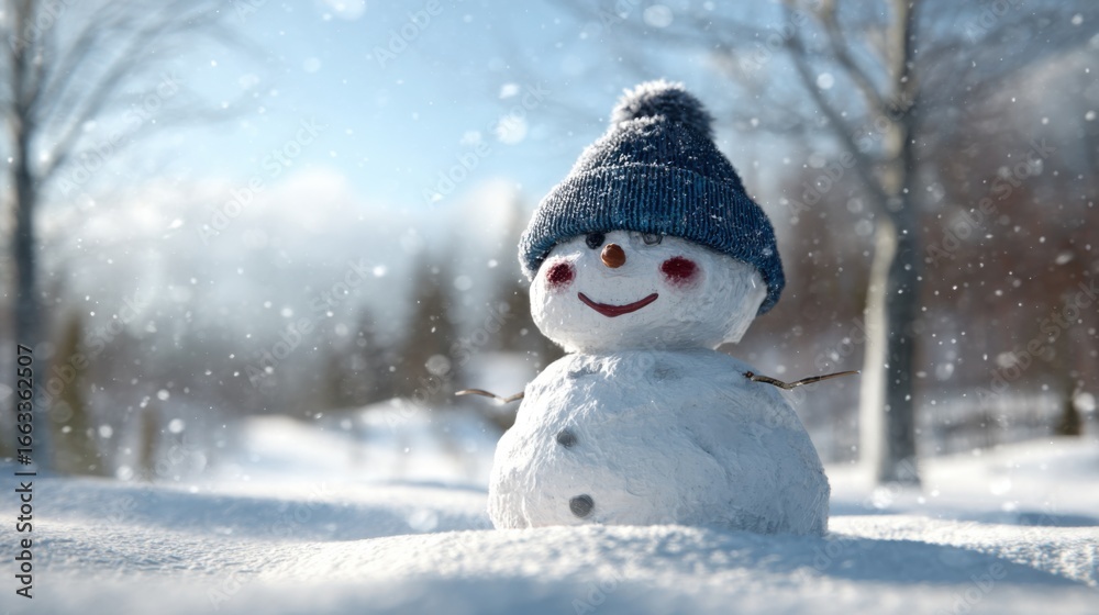 Obraz premium Adorable snowman with knit hat in a winter wonderland scene