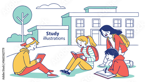 Group of Students Studying Together Outdoors in a Colorful Illustration.