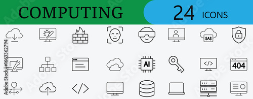 Modern computing icon set featuring cloud technology, AI, cybersecurity, network, server, database, programming, and digital system in vector outline style