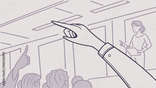 Hand Pointing Upward in a Presentation Setting.