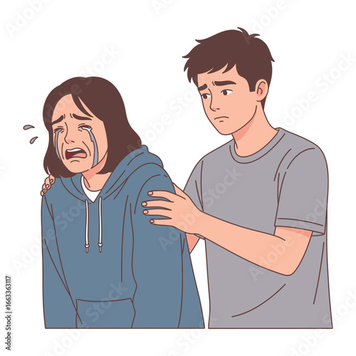 Empathy's Embrace: A poignant depiction of support and solace. A comforting gesture, as one figure gently comforts a grieving friend. Expressing feelings of comfort and compassion.