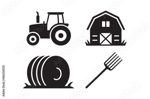 Farm icons set tractor barn hay bale pitchfork agriculture symbols