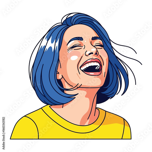 Joyful Laughing: An expressive young woman with vibrant blue hair radiates pure delight as she laughs, captured in a stylized artistic illustration, portraying the essence of happiness and merriment.