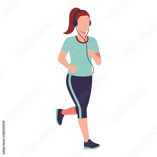 woman running with headphones, enjoying music outdoors.