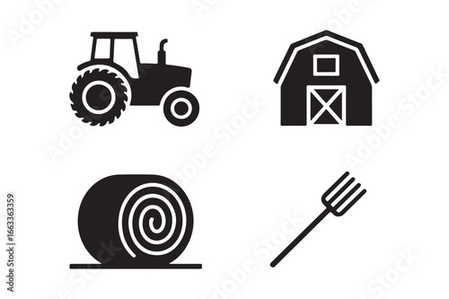 Four simple farm icons tractor barn hay bale pitchfork