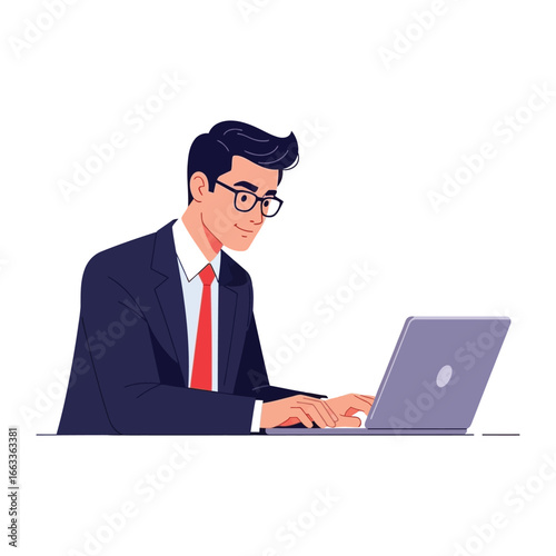 Focused Professional: An illustration of a sharply dressed professional, completely engrossed in his laptop, a vision of concentrated business productivity.