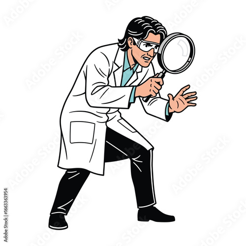 Scientist's Scrutiny: A dedicated scientist, clad in a pristine lab coat, intently examines a subject with the aid of a magnifying glass, embodying the spirit of scientific inquiry and discovery.