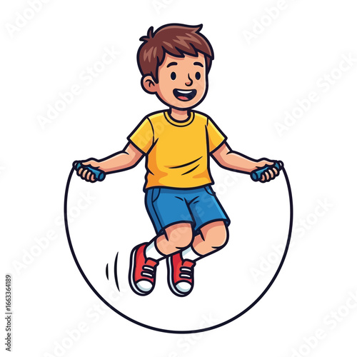 Jumping rope boy : A cartoon illustration of a young boy jumping rope. He is energetic and happy, radiating the joy of childhood.