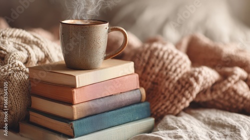 Wallpaper Mural Warm cup of coffee rests on stack of colorful books by cozy blanket indoors Torontodigital.ca