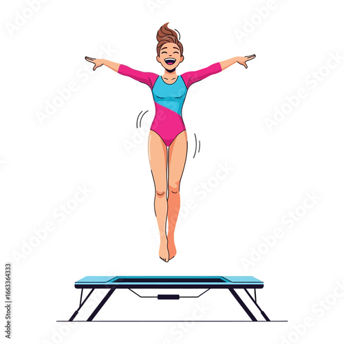 Acrobatic Artistry on Trampoline: Witness the grace of a smiling female gymnast as she leaps and dances mid-air on the trampoline, celebrating the exhilaration of the sport.