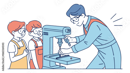 Instructor Teaching Children to Use a Bench Drill Press.